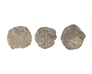 Collection of 3 Atocha 4 Reales Silver Shipwreck Coins, Collection of three Spanish 4 Reales Silver Coins, Nuestra Senora De Atocha Salvage