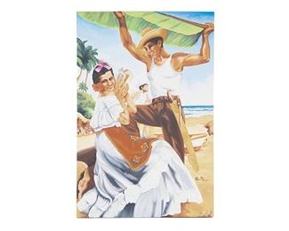 Juan Garcia, romance en la playa, dated 2011, oil on canvas,
frame: 70.5"h x 47"w