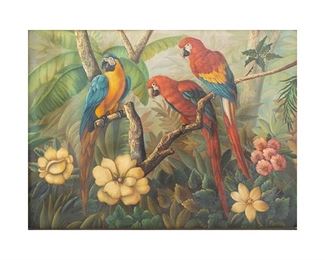 Parrelly, tropical parrots, oil on canvas,
frame: 45"h x 57"w
