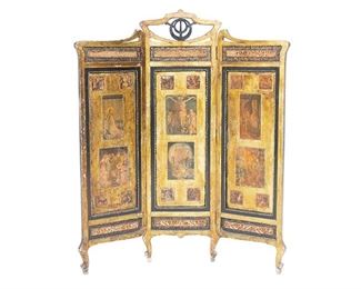 Spanish Colonial Style Ex Votos Folding Screen, having religious ex votos accents on wooden and plaster frame
72"h x 63"w x 1.5"d