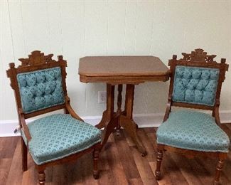 6Antique Eastlake Style Table And 2 Parlour Chairs