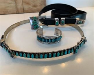 Spectacular sterling and 94 stone turquoise hatband (James Freeland, Navajo?), and belt with Sampson Werito ranger set