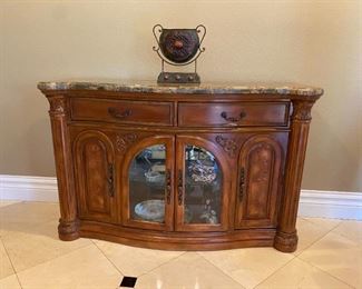 Micheal Amini Wood And Beveled Glass lighted Side Board with Marble Top and Felt Silver Caddy