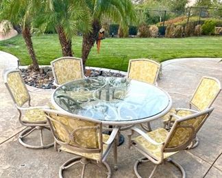 Metal 7 Piece Swivel Glass Table Patio Set. Custom Sunbrella Mesh Fabric 