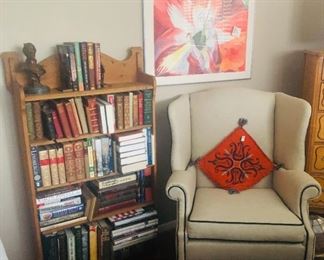 Antique oak bookcase. Wingback chair, Flynn Matir upholstery, beautiful off-white.   Original watercolor by Shirley Voda, 1985; colors are more vivid than shown in photo.