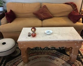 Comfortable sofa, about 73".  Custom coffee table - antique pine base with marble top; 40"W x 19"D x 21.75"H.