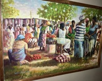 "The Market." 1995 oil on canvas by Poto Kabwe (b. 1959, Zambia). Exhibited in American Embassy exhibit in Zambia. Acquired at Zambia National Visual Arts Council.