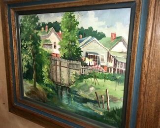 Landscape with house and stream. 1956 oil on board by H. Larkin.