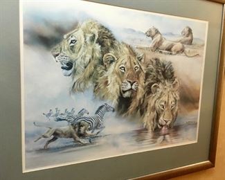 Lions and zebras. 1987 Ltd. Ed. print (706/950) with original signature. Theo Pieterse, Lake Kariba, Zambia. 31.25" x 25.5".