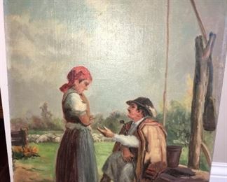 Man and woman at a well. Oil on board by R. Geiger