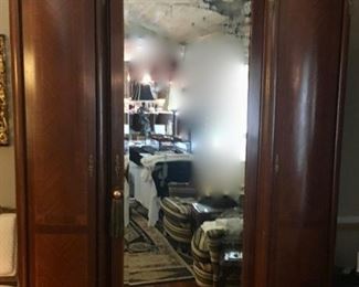 Antique French triple armoire with beveled mirror, brass details, inlay banding, bookmatch veneer. 63"W x 90"H x 20"D. Can be disassembled.
