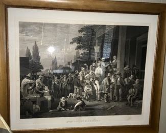 "The County Election." Entered by Act of Congress in 1854. Engraved by famous artist John Sartain (1808-1897, English/American), after original painting by iconic American painter George Caleb Bingham (1811-1879). As is.
