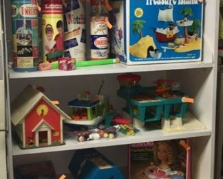 Vintage Tonka, Matchbox cars, action figures, Playmobil figures, including 1974 Geobra. Playmobile cowboy toys. Army figures, vehicles. Several Fisher Price toys including Pull-A-Tune, airplane, school bus, radio, pocket camera, parking garage, figures, vehicles, Roly Poly. Legos. 1960s-1970s toys.