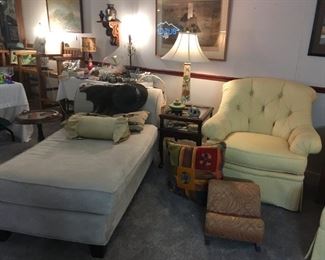 Chaise lounge. Display case side table with glass top. Sherrill Furniture arm chair.