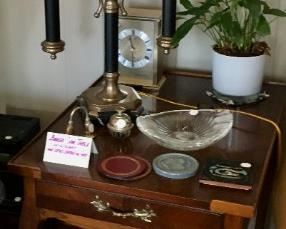 Baker side table with 1 drawer and brass detail on feet.  Frederick Cooper brass & marble lamp.