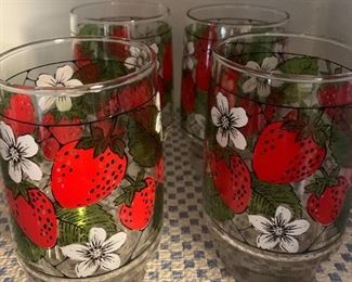 Two Sets of Four Anchor Hocking  Strawberry Enameled Drinking Glasses