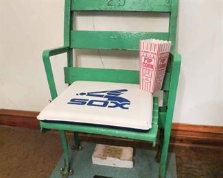 Vintage Comiskey Park White Sox Stadium Seat #25.. Plus a brick from the old stadium with a plaque for both the chair and brick. We will throw in a cushion seat and a popcorn container. The seat has been mounted to make it usable and stable.. $700 with completed set as you see it. Interested? Text 773.719.0508