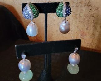 Sapphire, Savorite Garnet, Diamond and South Sea Pearl Earrings in 18k White Gold. As well as Green Beryl Diamond South Sea Pearl  Earrings in 18k White Gold.