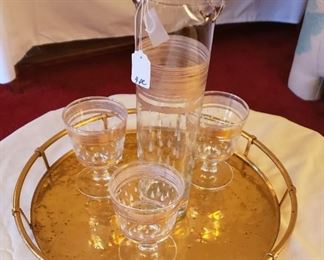 Martini pitcher, 3 stems, brass tray