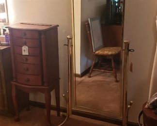 Brass cheval mirror, jewelry armoire