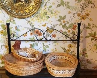 Brass decor, baskets, bakers shelf