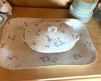 Antique, covered vegetable dish, and platter 