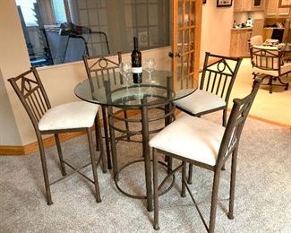 Classy, Pub style round glass pedestal table and 4 chairs