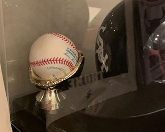 Carlton Fisk autographed helmet and ball in case