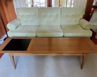 Corduroy sofa and Mid-Century Modern Low Rectangular Wood Coffee Table with Black Insert Danish