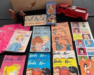 Barbie, Ken, Midge, order books; Hubley fire truck 
