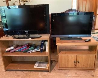 Samsung and Sony Television with Media Stand and Bookshelf