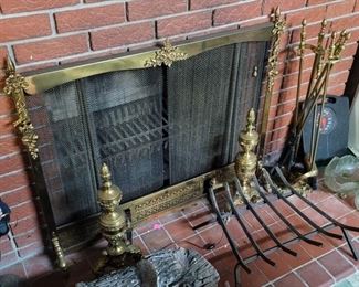 Vintage Brass Fireplace Screen, Andirons, Toos, Log Stand, Etc