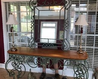 #39	green metal table with wood top and mirror 66x18x30	 $200.00 	
