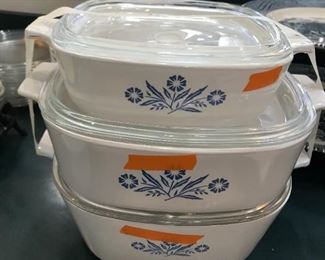 #60	set of 3 pyrox blue flower dishes with lids 	 $30.00 	
