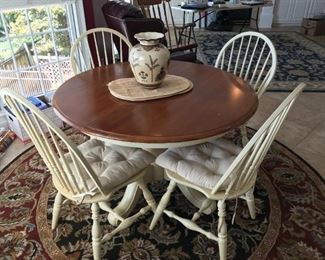 #65	Ethan allen white wash base wood top round pedistal table with 4 chairs with 1 leaf  45-63x45x30	 $225.00 	

