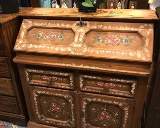 #120	German made drop front desk with 2 drawers 2 doors with hand painting on front 39x20x40	 $250.00 	

