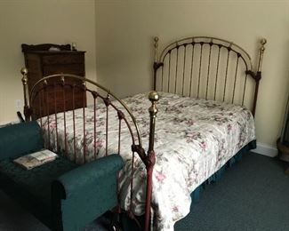 #124	cast iron and brass full size bed that was painted burgundy with full size mattress 	 $175.00 	
