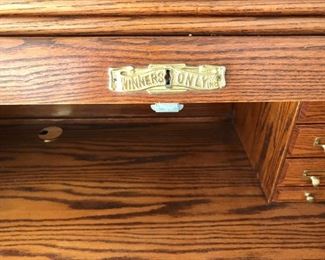 #156	winners only brand oak roll top desk in 3 pieces with hutch 2 glass doors 54x33x30-76 	 $200.00 	
