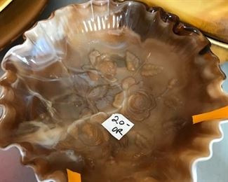 #208	brown carnival glass bowl with flower inprint on top 	 $20.00 	
