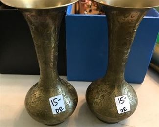 #219	2) brass vases with carving on side 	 $30.00 	

