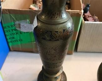 #221	indian brass vase with color on inlay carving 	 $30.00 	 * 
