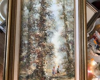 #226	Geman 29x17 painting "walk in the woods "  of boy and girl walking through the forest J. Poek  	 $200.00 	
