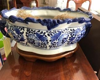 #236	blue white bowl on wood stand 14x10x7	 $30.00 	
