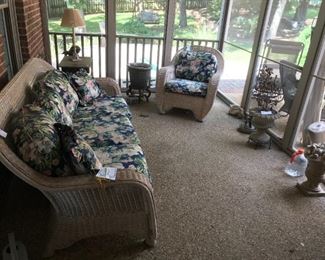 #74	Henry Link sofa of white pickle wicker with blue cushions  84 long	 $125.00 
#75	henry Link chair of white pickle wicker with blue cusions 	 $85.00 
