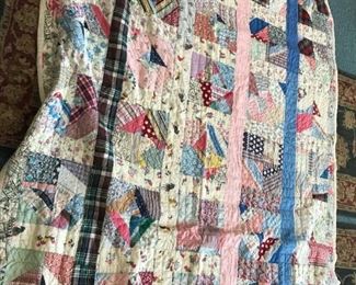 #278	full vintage scrappie quilt in pink, light blue, yellow square 	 $50.00 	 * 
