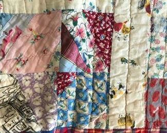 #278	full vintage scrappie quilt in pink, light blue, yellow square 	 $50.00 	 * 
