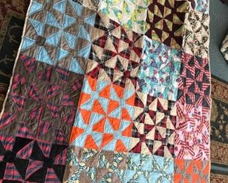 #279	full vintage scrappie quilt of orange, black, colors big square pinwheel design	 $50.00 	 * 
