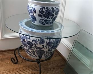 #41	metal base with blue pot and glass top 24x19	 $65.00 	
#42	blue/white pot 10x7	 $20.00 	
