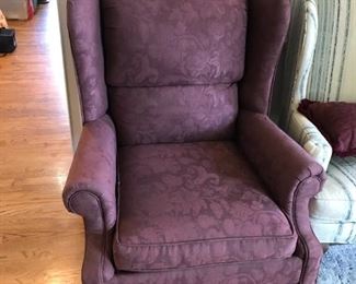 #46	burgundy wing back chair as is leg	 $45.00 	

