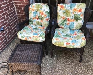 #79	Pier 1 Love seat in brown water proof wicker with 2 long flower cushion	 $200.00 	 * 
#80	Pier 1 chairs in brown water proof wicker with flower cushion (3) @ 60	 $180.00 	 * 
#81	Pier 1 side table/stool in brown water proof wicker @ 40 ea	 $80.00 	 * 
